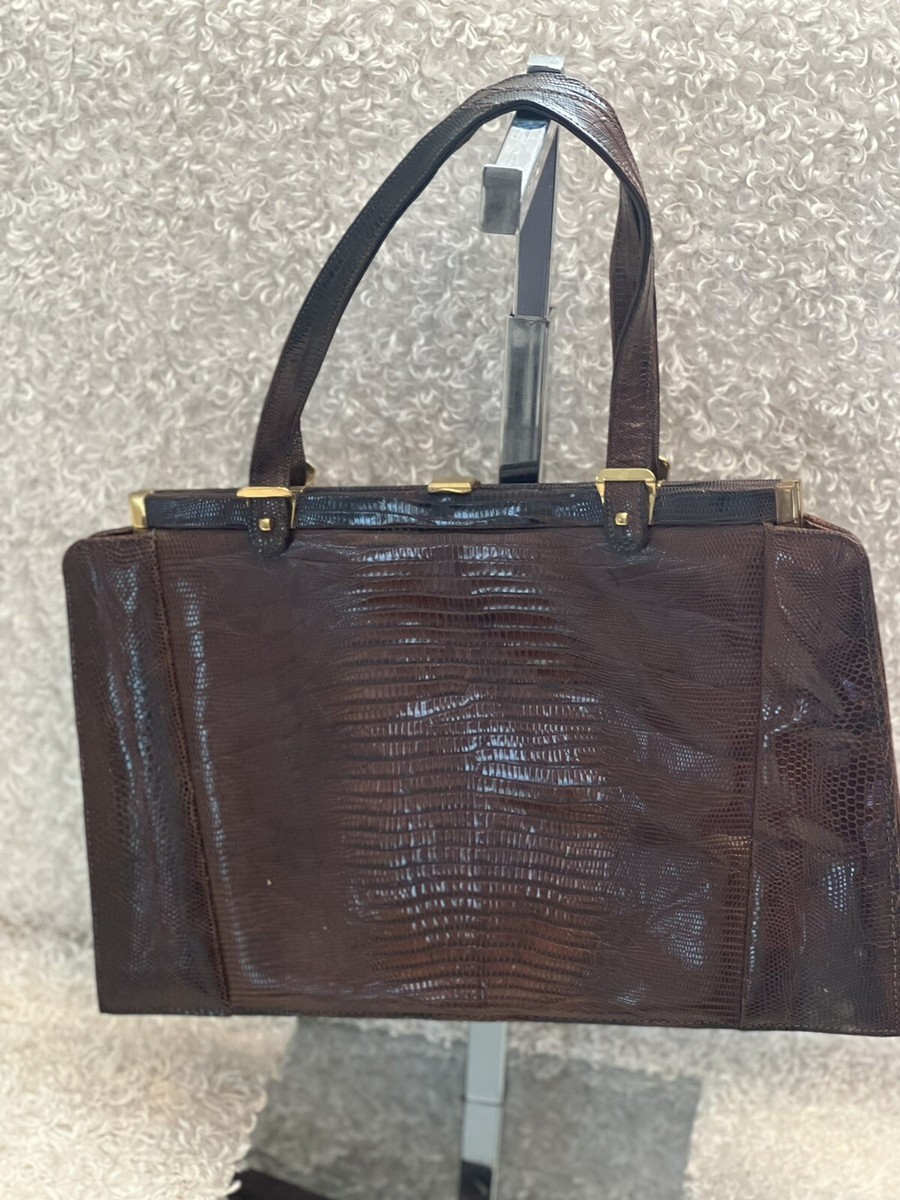 VINTAGE ESCORT BAG GENUINE LIZARD BROWN STRUCTURED FRAME HANDBAG