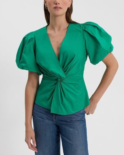 EXPRESS Green V-Neck Puff Sleeve Twist Front Top Blouse Shirt Sz M NEW NWT