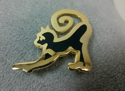VTG Duri Inlay Enamel Metal Stretching Black Cat Gold Tone Shiny Boho Brooch Pin