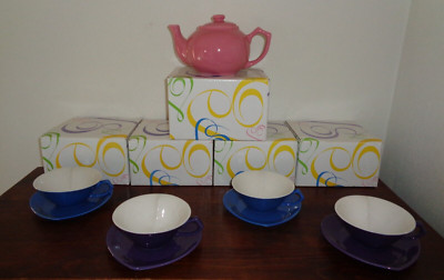 Mary Kay Porcelain 9Pc Heart Shaped blue purple Cup Saucer and pink tea kettle