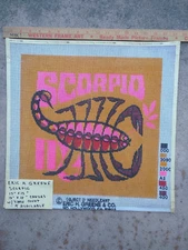 "SCORPIO"  Zodiac painted needlepoint canvas 15" by 15" square finished 1970'S