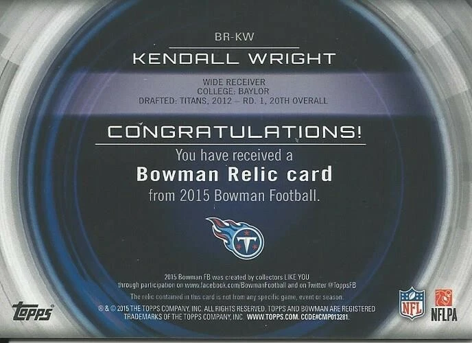 2015 Bowman Kendall Wright JERSEY Tennessee Titans Baylor - Image 2 of 2