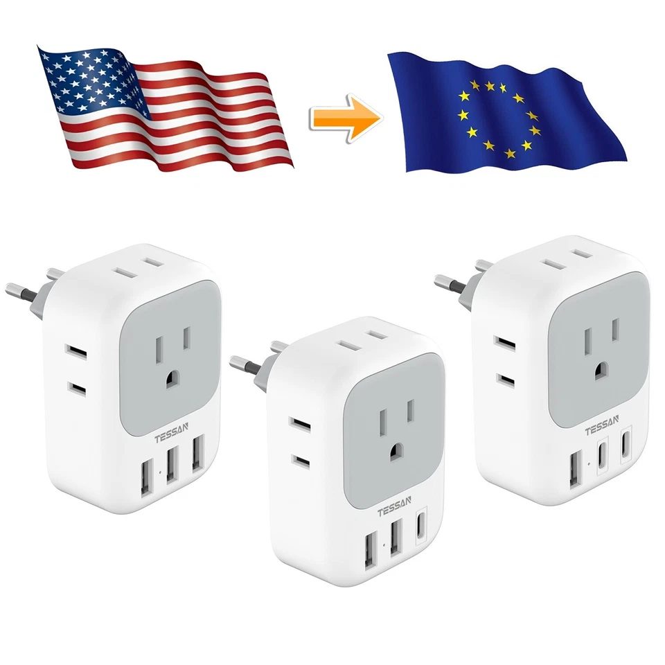 TESSAN European Plug Adapter Travel Power Plug with 4 Outlets 3 USB Port to Spain Italy