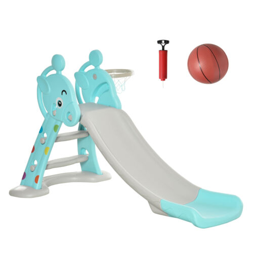 2 in1 Kids Slide with Basketball Hoop Toddler Indoor Outdoor Slider Playset Blue