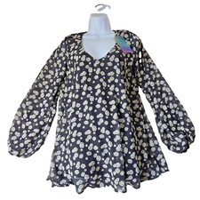 SHOW ME YOUR MUMU Top Women Small Black Daisy Print Blouse Peasant Sheer Flowy