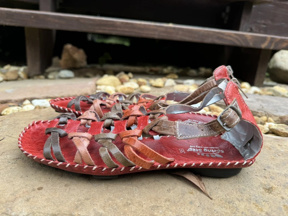 Spring Step Gladiator Red Orange Leather Zipper Heel Side Buckle Sandals 38 New - Image 3 of 4