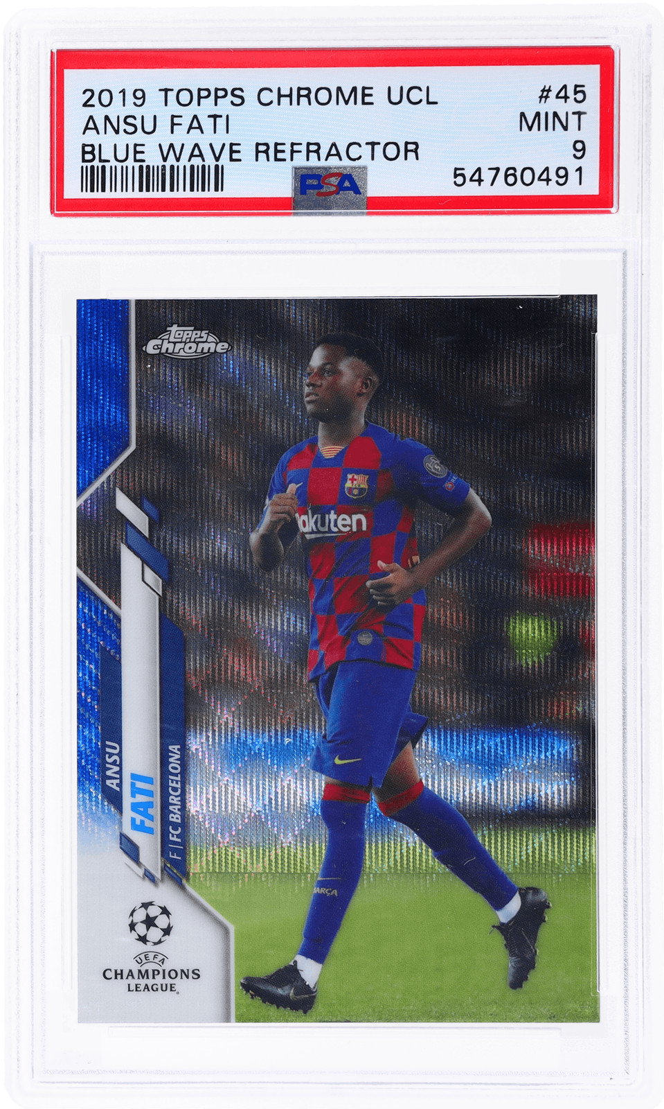 2019 Topps Chrome UCL Ansu Fati Blue Wave Refractor #45 /75 PSA 9