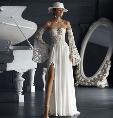 Bohemia Chiffon Wedding Dresses Sweetheart A-line Long Wedding Bride Dress Side