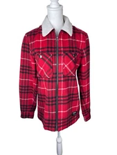 Wesc Liam Jacket Unisex Mens S Womens M Red Plaid Flannel Sherpa Full Zip Tartan