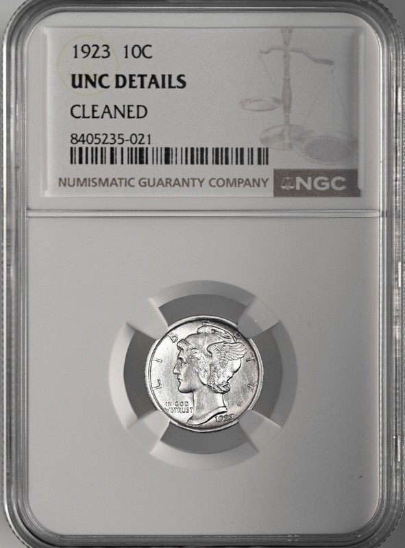 1923 10C MERCURY SILVER DIME PHILADELPHIA NGC UNC DETAILS "CLEANED" #8405235-021