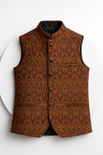 Men  s Waistcoat Medium   Brown  Gold Pattern, Wedding/Party Nehru Vest