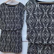 AB Studio Dress Black Ivory Career Work Wear Geometric Print Blouson Women's M
