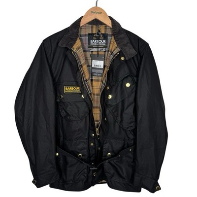 Barbour International Wax Jacket A7 Mens 36 XS Black Biker Belted