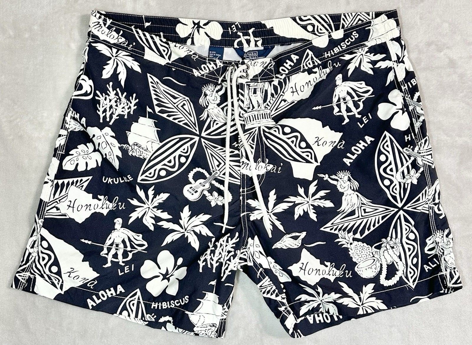 VTG 90s Polo Ralph Lauren Molokai Aloha Hawaiian Map Swim Trunks XL Navy