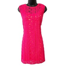 Elie Tahari Hot Pink Lace Orange Lining Sleeveless Shift Dress US 10