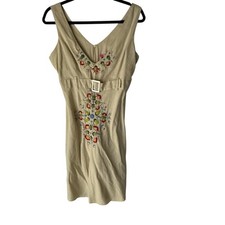 Y2K Max Rave Beige Linen Mini Dress S Embroidered Floral Cottage Festival