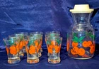 Vintage Anchor Hocking Orange Blossom Juice Carafe with lid  and 9 glasses MCM