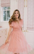 New Gal Meets Glam Zelda Dress Pink Above Knee Polka  Short Sleeve Size 4 6 Mesh