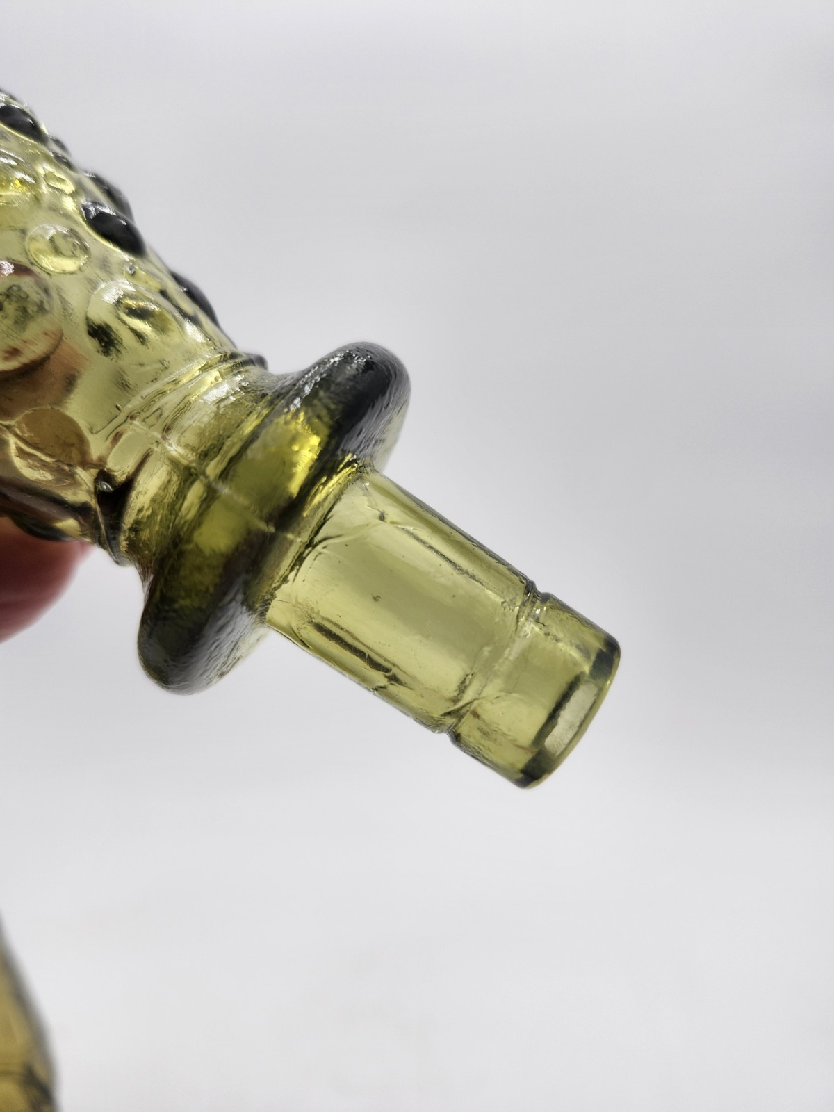 Vtg 22.75" Avocado Green Empoli Butterfly Floral Art Glass Bottle & Stopper MCM 