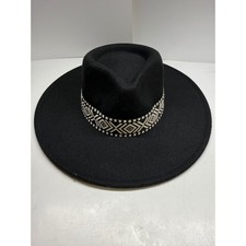 Black Wide Brim Fedora Hat with Geometric Woven Band RN 157656 Boho Western