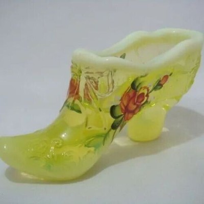 Mosser Vaseline Glas High Heel Figur Urangelb Handbemalt Rose
