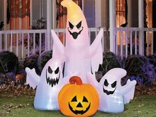 Inflatable Ghost Trio Jack-O'-Lantern Halloween Yard Decor Rainbow LED Pumpkin