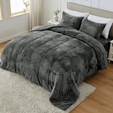 Faux Fur Comforter Set Size with Fitted Sheet, Luxury Ultra Queen Dark Grey