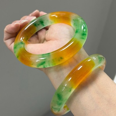 2PCS  Nature ice yellow&green Burmese Jade jadeite bracelet bangle 61mm