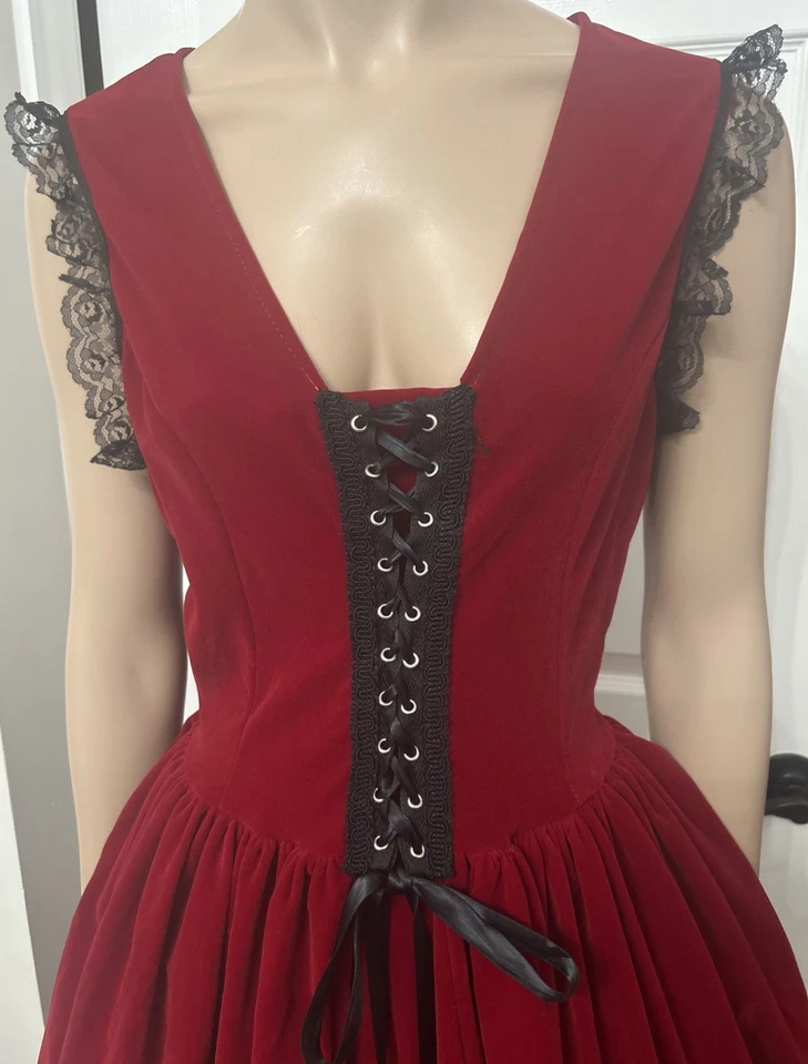 Vintage 90s Cykxtees Gothic Renaissance Medieval Vampire Red Velvet Dress - Image 2 of 4