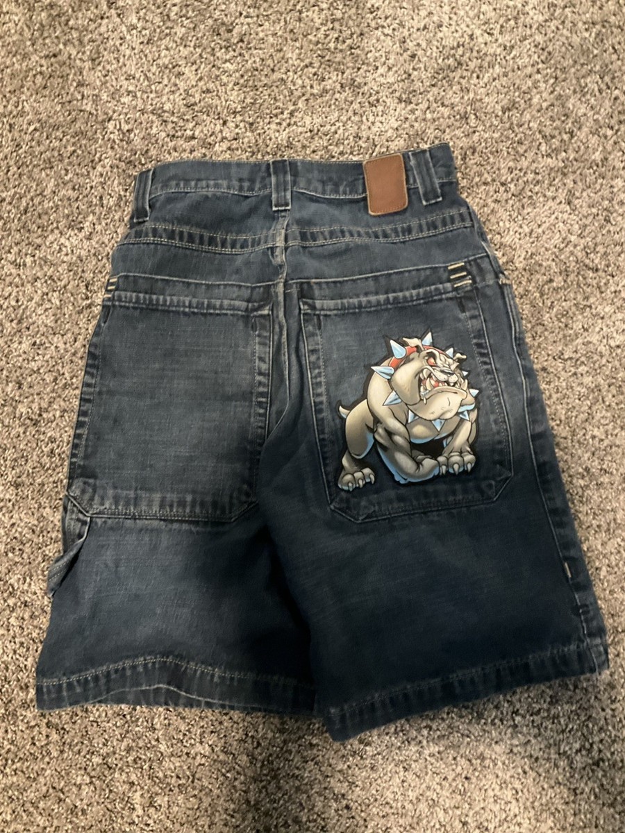 JNCO Vintage Y2K 90s Baggy Skater Jean Shorts Embroidered Bulldog