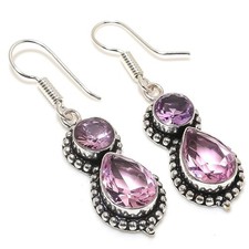 Pink Kunzite Gemstone Handmade 925 Sterling Silver Jewelry Earring Size 2"