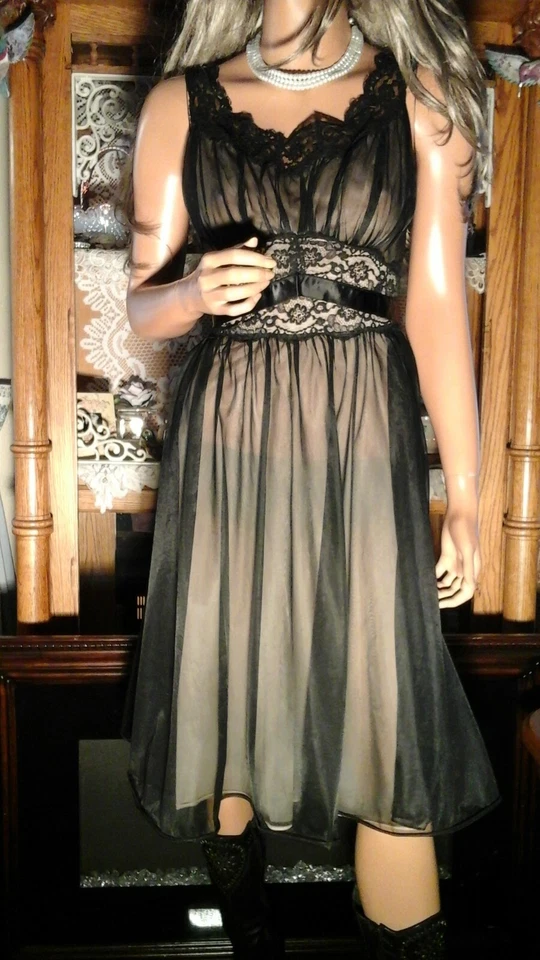 DE COLECCIÓN AÑOS 50 VANITY FAIR 34 S BABYDOLL CAMISÓN CAMISÓN PEIGNOIR CONJUNTO BATA NEGRO  Foto 4 de 4