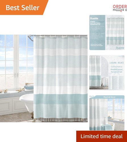 Blue Linen Cotton Shower Curtain 72x72 Inches Nautical Stripe Tassel