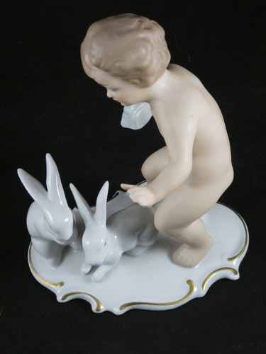 Wallendorf Cherub Putti Boy with Rabbits Porcelain Germany Figure Figurine - Picture 3 of 8