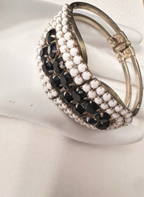 Estate MCM Silver Tone White Milk Glass Jet Black Rhinestone Clamper Bracelet