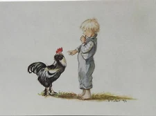 Rare MINT Unused Vintage Tasha Tudor Boy Chicken Greeting CARD Jenny Wren Press