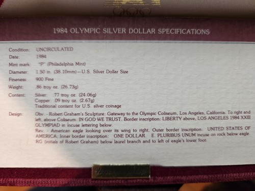 Juego de prueba conmemorativa de 3 monedas de plata olímpica 1984 oro como nuevas $10 con certificado de autenticidad - Imagen 6 de 6