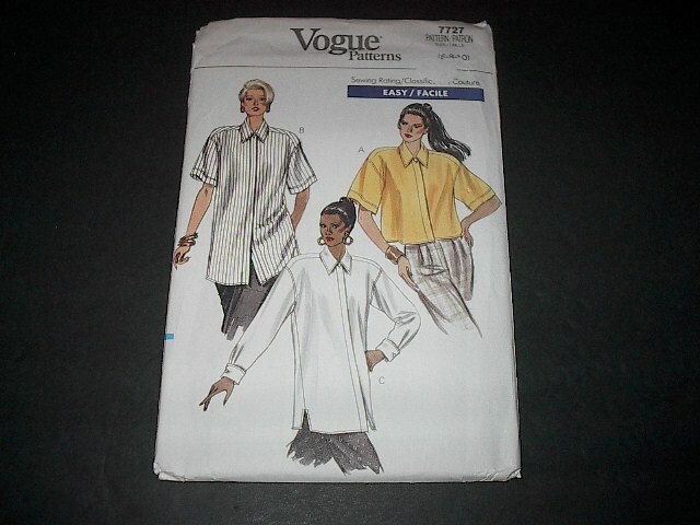 Vogue Pattern 7727 Misses' LS/SS Very Loose-Fitting Shirt w/Collar
