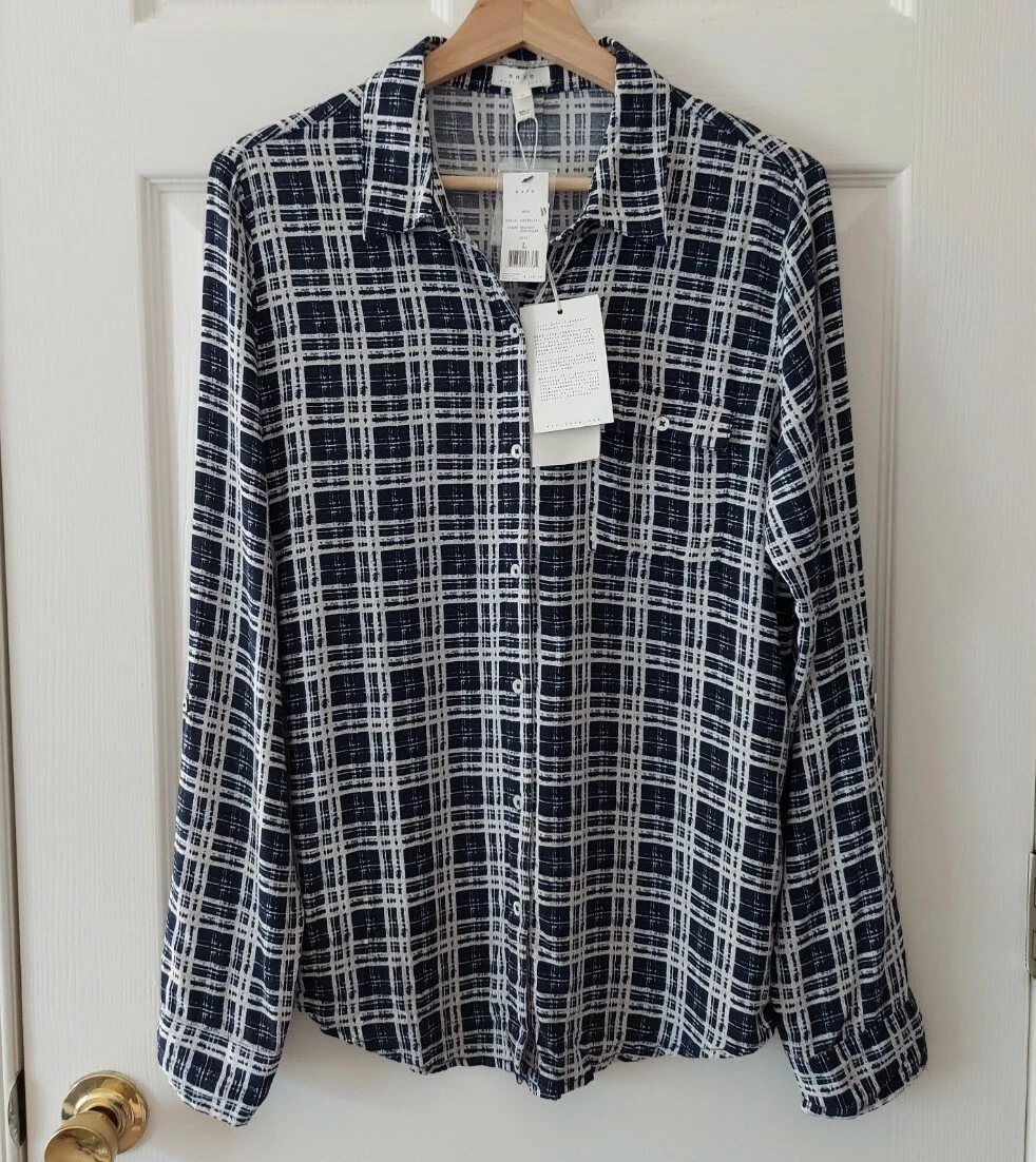 NWT Soft Joie Womens Navy Porcelain Plaid Onyx Button Down Shirt Top Size  Large | eBay