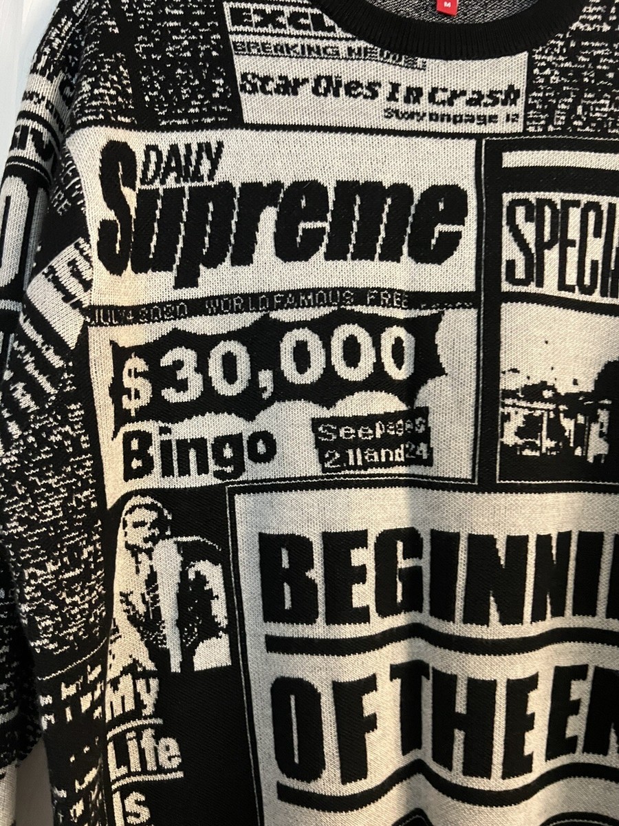 SUPREME Newspaper Black White Crewneck Merino Wool Sweater Medium