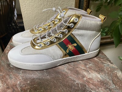 Women Gucci GG High Top Sneakers Bee Web -Gold Trim Leather