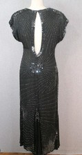 Vintage Silk Beaded Embellished Evening Dress Size Sm Black Lace Peek A Boo Back