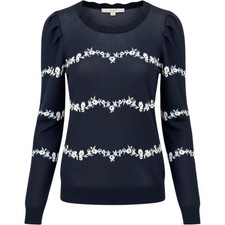 Ann Taylor LOFT Knit Sweater Navy Blue Scalloped Collar Puff Sleeves Women's XS