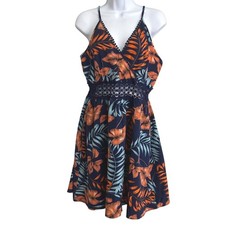 Cupshe Navy Orange Tropical Leaf Crochet Lace Trim Mini Dress L Vacation Summer