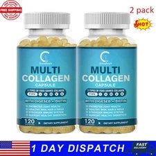 2xCollagen Peptides Types I, II, III, V, X 2000mg Anti-Aging Skin 120 Capsules