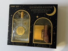 Pink Sky Gold Dust Shimmering 4oz Body Oil Vanilla Scent &Brush Bundle Gift Set
