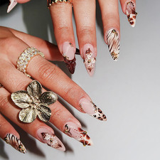 24Pcs French Tip Press on Nails Medium Almond Fake Nails with 3D Flower Leopard