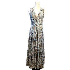 Calvin Klein Floral Lurex Chiffon V-Neck Tiered Skirt Tie Waist Maxi Dress Sz. 2