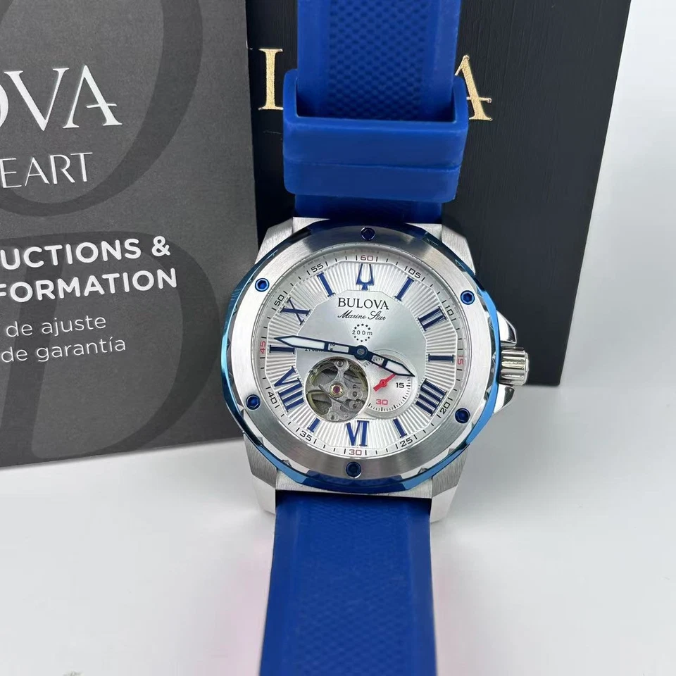 Nuevo reloj automático Bulova Marine Star esfera blanca correa de goma azul para hombre 98A225 Foto 2 de 4