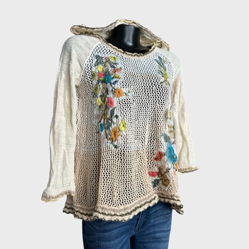Free People Small Oversized Open Knit Floral Embroidered Hooded Top Shirt Cream - Picture 4 of 12
